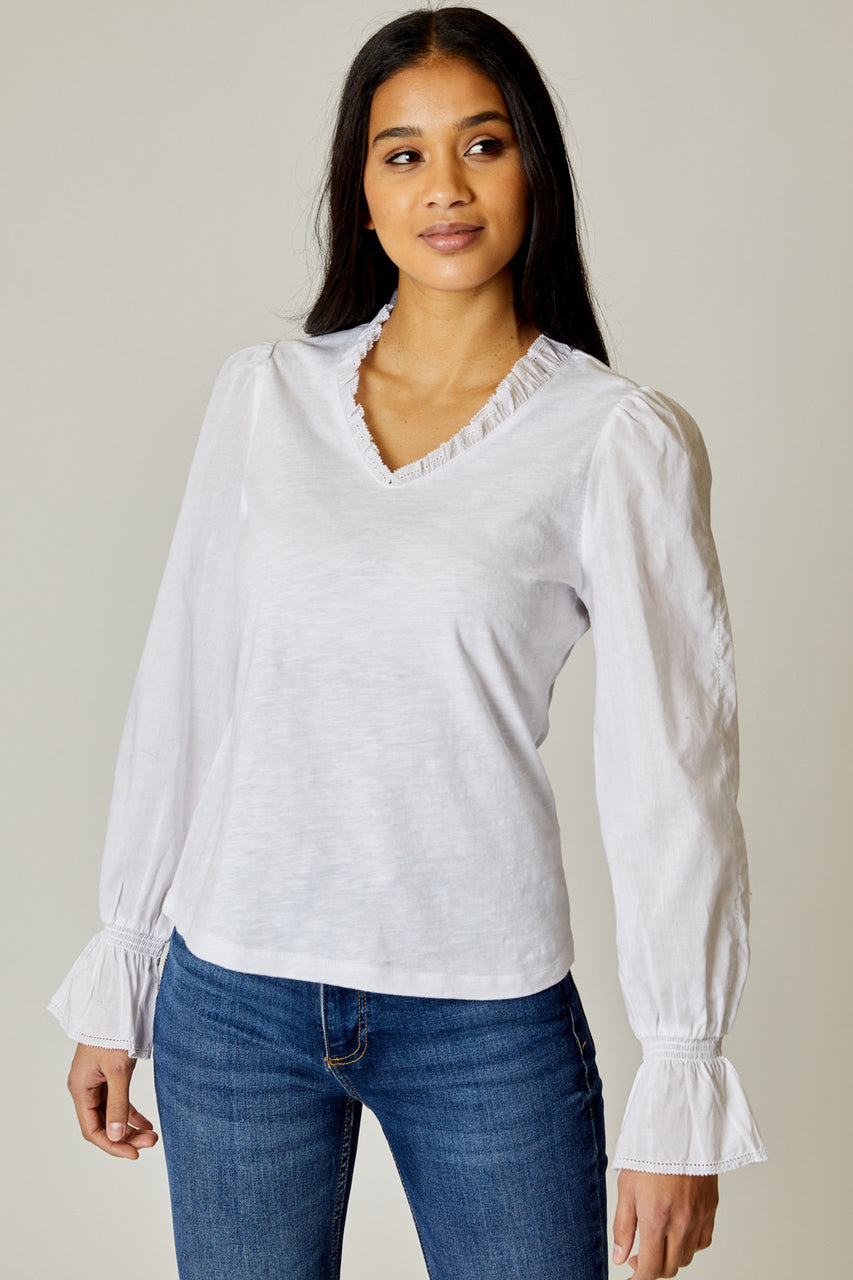 Eyelet Trim V Neck Top