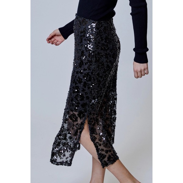 Sequin Leopard Midi Skirt